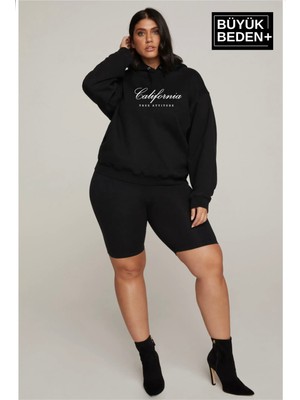 Kadın El Yazılı California Baskılı Büyük Beden Ince Kapşonlu Swatshırt SPR25BSWK62
