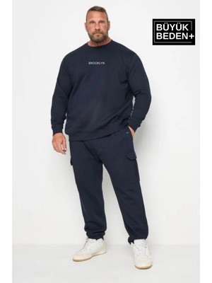 Superlife Erkek Büyük Beden Navy Orta Brooklyn Baskılı İnce Bisiklet Yaka Sweatshirt Ekstra Rahat
