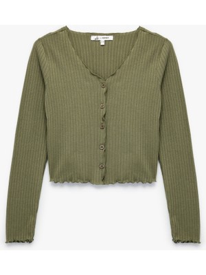 V Yaka Düğmeli Fırfırlı Kaşkorse Viskon Karışımlı Uzun Kollu Tişört