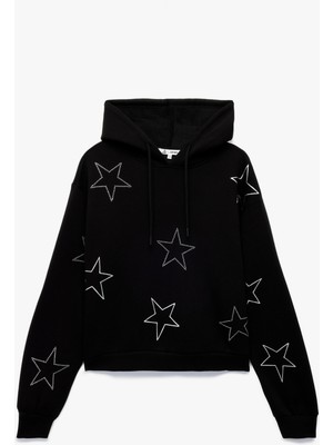 Şardonlu Uzun Kollu Kapüşonlu Oversize Taşlı Sweatshirt