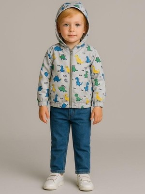 Erkek Çocuk Araba ve Dinazor Desenli Kapüşonlu Pamuk Astarlı Rüzgarlık