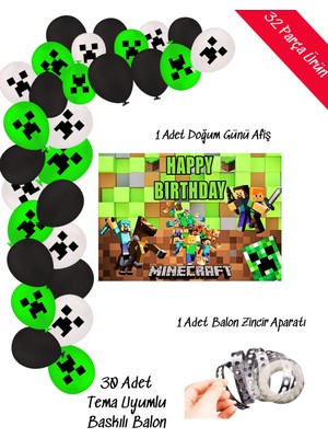 Minecraft Balon ve Afişli Doğum Günü Parti Süsleri Zincir Balon Seti