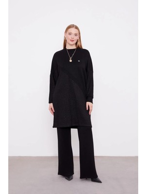 Levidor Simli Kumaş Amblem Detaylı Triko Tunik - Siyah