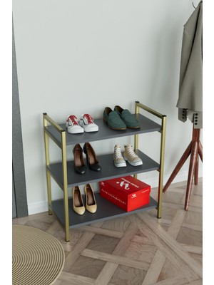 3 Raflı Ayakkabılık Antre Hol Ayakkabı Standı Gold Metal