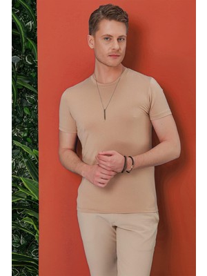 Efor Erkek Slim Fit Doku Desenli Bisiklet Yaka Pamuklu Bej Tişört TS 846