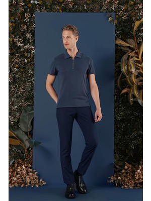 Efor Erkek Slim Fit Pamuklu Fermuarlı Polo Yaka İndigo Tişört Ts 871