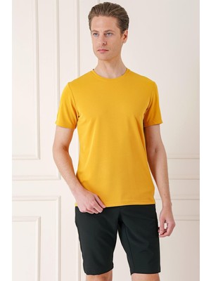 Slim Fit Bisiklet Yaka Pamuklu Safran Tişört Ts 880