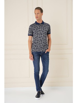 Efor Erkek Slim Fit Dal Yaprak Desen Polo Yaka Pamuklu Lacivert Tişört Ts 884