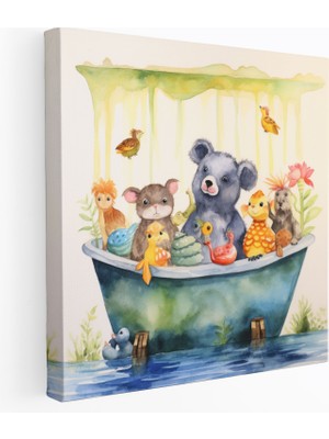 Popcas Hayvanlı Banyo Temalı Kanvas Tablo - Banyo Için Suluboya Resim Neşeli Duvar Sanatı Oyunbaz Ev Dekorasyonu
