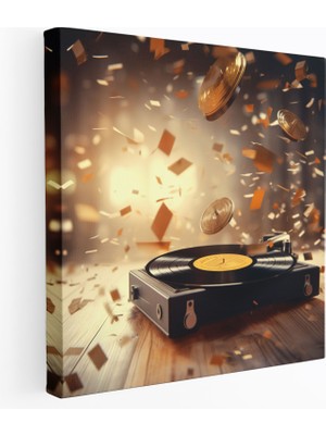 Popcas Retro Plak Çalarlı Duvar Sanatı - Müzik Notaları Kanvas Tablo