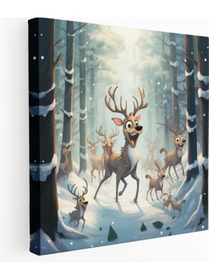 Popcas Yaramaz Ren Geyik Eğlencesi Kanvas Tablo - Noel Karlı Orman Ev Dekorasyonu