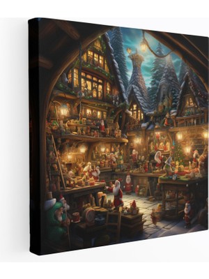 Popcas Noel Baba'nın Atölyesi Duvar Süsü - Noel Kanvas Tablo Duvar Süsü Ev Dekorasyonu