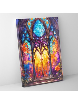 Popcas Renkli Vitray Pencere Kanvas Tablo - Kilise Ev Dekorasyonu Kanvas Duvar Sanatı