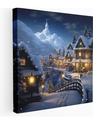 Popcas Karlı Köy Manzara Kanvas Tablo - Yılbaşı Parlayan Işıklar Duvar Dekorasyonu