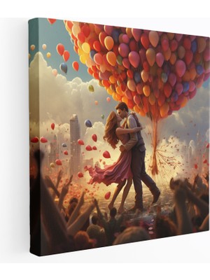 Popcas Öpücük Duvar Sanatı - Balon Macerası - Sevimli Illüstrasyon Kanvas Tablo Macera