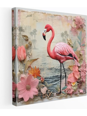 Popcas Vintage Flamingo Kolaj Kanvas Tablo - Flamingo Duvar Dekorasyonu Duvar Sanatı