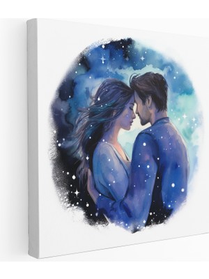 Popcas Yıldızlı Gece Öpücüğü Romantik Suluboya Kanvas Tablo