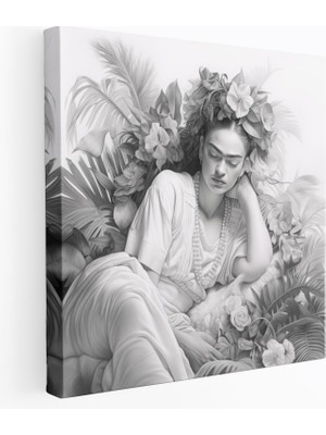 Popcas Frida Kahlo Kanvas Tablosu - Duvar Dekorasyonu Duvar Sanatı Monokrom Pencil Çizimi