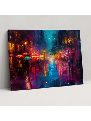Popcas Leonid Afremov Eserlerinden Ilham Alan Yağmurlu Gece Şehir Manzarası Kanvas Tablo - Leonid Afremov Duvar Dekorasyonu Kanvas Sanatı