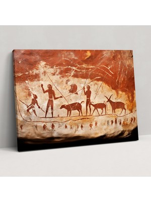 Popcas Orta Taş Devri Kanvas Tablo - Hayvanlar ve Avcıların Mağara Resmi - Duvar Sanatı Avcılar