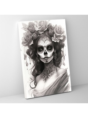 Popcas Los Muertos Duvar Dekorasyonu - Kömür Çizimi La Catrina Kanvas Tablo