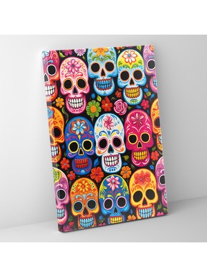 Popcas Los Muertos Şeker Kafatası Kanvas Tablo - Los Muertos Kanvas Duvar Sanatı Şeker Kafatasları Canlı Renkler
