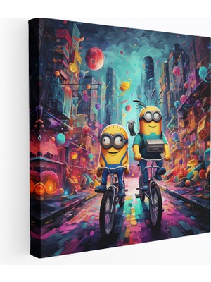 Popcas Minions Duvar Dekorasyonu - Eğlenceli Şehir Macerası - Minions Kanvas Duvar Sanatı Bisikletler Kanvas Tablo