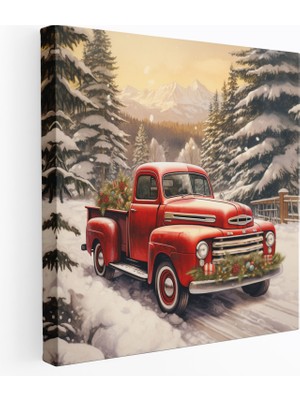 Popcas Noel Pikap Kamyonu Duvar Sanatı - Noel Duvar Dekorasyonu Kanvas Tablo