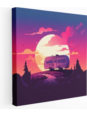 Popcas Karavan Duvar Dekorasyonu - Macera Gün Batımı Silueti - Özgürlük Kanvas Minimalist Grafik Tasarım