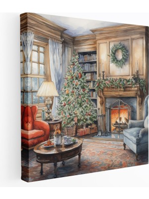 Popcas Noel Kanvas Tablosu - Klasik Suluboya Resim - Rahat Oturma Odası - Noel Suluboya Resim Noel Gecesi Kanvas Duvar Sanatı