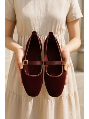 Kadın Babet Ayakkabı Kadife Altın Tokalı Şık Hafif Ortopedik Ses Yapmaz Taban