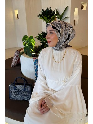 Gri Çizim Etnik Desen Twill Ipek Eşarp