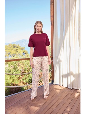 Monamise Kadın Çiçek ve Yaprak Desenli Kısa Kollu Bisiklet Yaka Pijama Takımı 25128