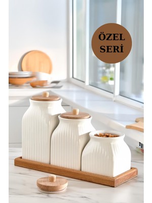 4'lü Standlı Vakumlu Ahşap Kapaklı Beyaz Kavanoz Seti Takımı Baharat Çay Tuz Şeker Kahve Kavanozu
