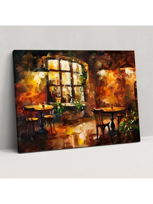 Popcas Leonid Afremov Tablo Sanatı - Sıcak Tonlarda Cosy Cafe Kanvas Tablo - Ev Dekorasyonu Duvar Sanatı