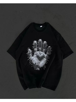 Hynova Unisex Bisiklet Yaka Baskılı Oversize T-Shirt - Siyah