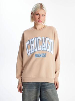 Xsıde Kahverengi Bisiklet Yaka Baskılı Oversize Kadın Kalın Sweatshirt