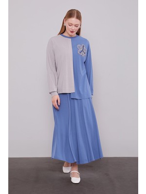 Indigo Iki Renkli Asimetrik Etekli Takım