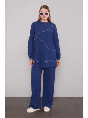 Lacivert Şerit Taş Detaylı Ikili Takım