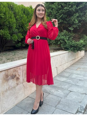 Hynova Kadın Şifon Kumaş Astalı Kloş Kesim Kruvaze Yaka Midi Boy Elbise