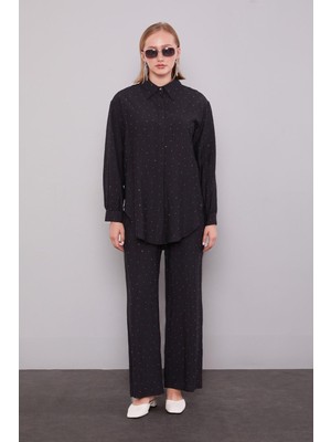Siyah Taş Baskılı Düğme Detaylı Ikili Takım