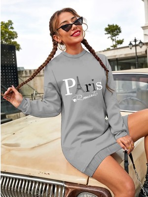 Hynova Kadın Uzun Kollu Bisiklet Yaka Yazılı Kısa Viskon Iki Iplik Elbise