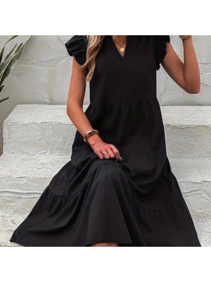 Kadın Kısa Kollu V Yakalı Geniş Kesim Uzun Trikoton Elbise