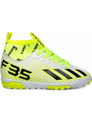 Celira Bys Beyaz Sarı Erkek Çocuk Çoraplı Halısaha Ayakkabı Microfiber Malzemeden Üretim