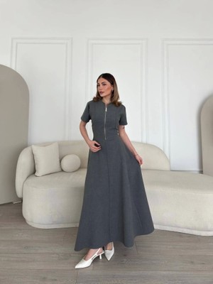 Hynova Kısa Kollu Önden Fermuarlı Çan Etekli Uzun Elbise - Antrasit