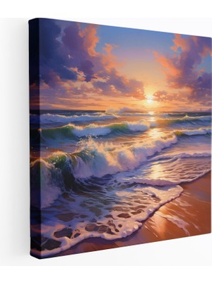 Popcas Deniz Mavisi Plaj Günbatımı Kanvas Tablo - Deniz Mavisi Günbatımı Dalgalar