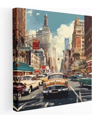 Popcas Nostaljik Vintage Kartpostal Tasarımı Kanvas Tablo - Kalabalık Şehir Manzarası - Nostalji Duvar Dekorasyonu Vintage Kanvas Duvar Sanatı