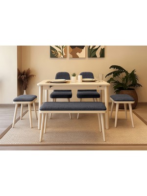 Rabi Mobilya Miora Mini Açılır Mutfak Masa Takımı, Krem Antrasit(1 Masa + 2 Sandalye + 2 Tabure + 1 Bench)