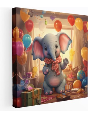 Popcas Sevimli Fil Balonlarla Kanvas Tablo - Bebek Odası Duvar Dekorasyonu Oyuncaklar