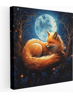 Popcas Kreş Kanvas Tablo: Uykulu Tilki ve Ay - Kreş Parlayan Ay Kanvas Tablo Gece Gökyüzü